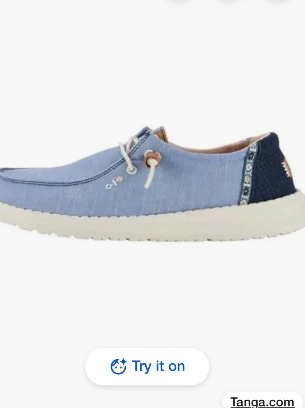 Hey Dude Wendy Chambray Boho Women's Light Blue Slip-On Loafers with Tan Accents
